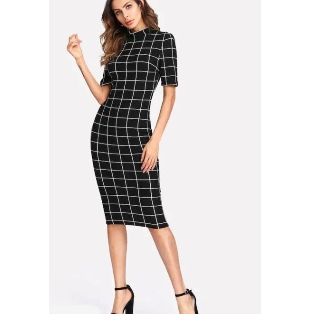 SHEIN Grid Short Sleeve Bodycon Midi Dress Women XS Black Stretch Dark Academia